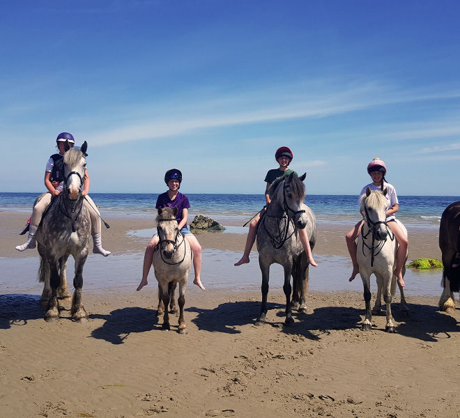 happy riders and ponies at the beach